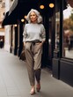 Beautiful senior lady with gray hair posing standing in the street of European city, gorgeous older woman fashion model, streetstyle blogger