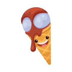 Poster - Ice Cream Waffle Cone with Cute Face as Frozen Dessert Vector Illustration