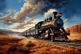 Fast steam locomotive racing through arid landscape, artistic depiction. Generative AI