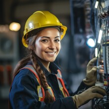 Happy Female Electrician At Work. Generative AI