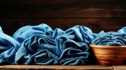 Poster - Blue cloths and a wooden bowl on a wooden table, AI