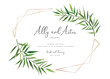 Palm tree leaves wedding invite card. Watercolor green, tropical leaf wreath, geometrical golden frame decoration. Vector illustration. Stylish, editable template design. Botanical style save the date