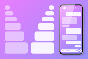 Realistic smartphone with messaging app on colorful violet background. Blank SMS text frame. Chat screen with transparent message bubbles. Social media application. Vector illustration
