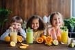 © Andrii Zastrozhnov - A cheerful children enjoys a healthy breakfast together in their kitchen, sharing fresh fruits and juice, creating a happy and nutritious start to the day.