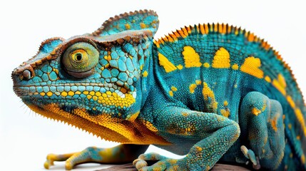 Wall Mural - yellow blue lizard Panther chameleon isolated on white background