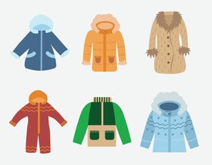 A set of winter and autumn outerwear, jackets, raincoats, coats, overalls. Vector flat illustration