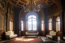 3D Illustration Of A Castle Or Palace Interior Room In Gothic Style With Grand Sofas.