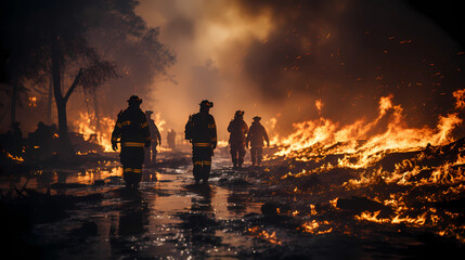 Wall Mural - firefighters fighting fire, climate emergency,  Drones try to put out a large wood fire