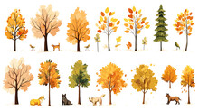 Autumn Trees, Set Of Vector Illustrations Of Cute Trees And Shrubs: Oak, Birch, Aspen, Linden, Fir, Sun And Dog, Different Shapes Of Trees In Autumn Colors. Isolated On White Background.