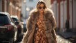 Fashionista in a chic faux fur coat and stiletto heels.