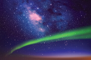 Poster - night starry sky. milky way and polar lights. green aurora borealis