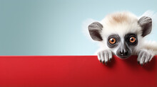 Text Space For Advertising With Funny  Portrait Of A Cute Lemur Monkey Peeking Over A Colored Panal