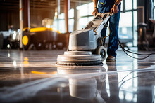  Worker Polishing Hard Floor With High Speed Polishing Machine