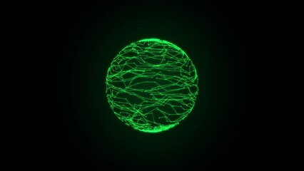 Wall Mural - 3D animation of future shape a rotating toxic neon green transparent sphere from beams, 4K abstract geometric animated background