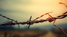 Rusty Barbed Wire Close-up On Blurred Nature Background. Territory Defense Concept. Old Prison Fence. Illustration For Banner, Poster, Cover, Brochure Or Presentation.