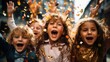 © piai - Adorable little children celebrating, falling confetti. Generative AI