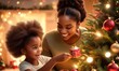 cheerful overjoyed adorable african american beautiful girl decorating Christmas tree with happy mother, putting toys on branches, enjoying preparing New Year celebration at home, miracle time concept