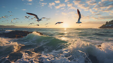 A Flock Of Seagulls Flying Above Crashing Waves. AI Generative.