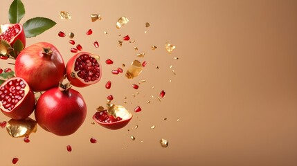 Wall Mural - Pomegranates flying in the air with golden confetti, selective focus, white background