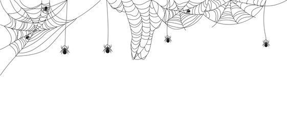 Hanging and corner spiderweb with spiders. Decor for Halloween celebration. Abstract texture of insect traps. Isolated graphic template. Vector illustration.