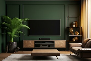 Wall Mural - Contemporary living space with TV cabinet against a dark green wall. Generative AI