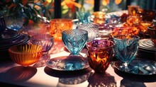 A Lot Of Retro Dishes Made Of Transparent Glass, A Decorative Composition, A Bright Background, Light And Shadows