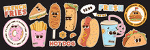 Retro Groovy Fast Food Sticker And Patches Set. Trendy Cartoon Characters Style 60s - 70s. Hamburger, Burrito, Taco, French Fries, Corn Dog And More. Retro Vector Illustration.