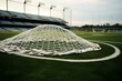 Nets positioned in a stadium field for playing lacrosse. Generative AI