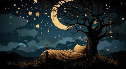 Canvas Print - A bed under a tree with a moon and stars, AI