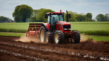Red Tractor Working On A Field In The Netherlands. AI Generative.
