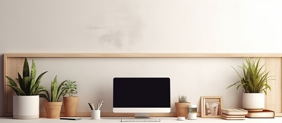 Stylish home or studio workspace with computer, supplies, plant, and books. Empty screen for graphic montage.