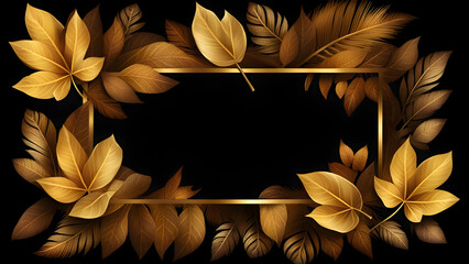 Wall Mural - Golden frame with tropical flowers.