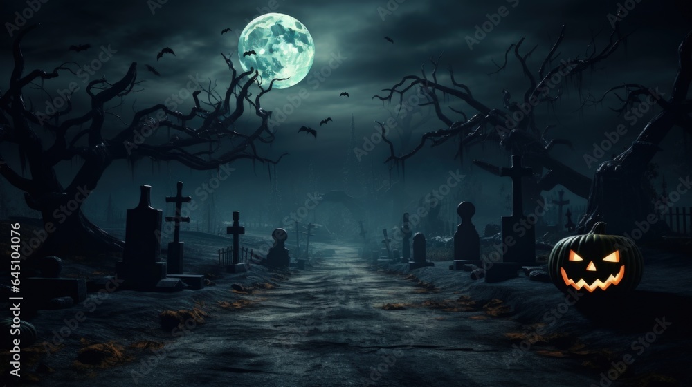 Graveyard cemetery in spooky scary dark Night full moon and dead trees ...
