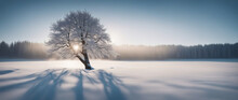 Winter Wallpaper. Wide Angle Shot Of A A Tree Standing Alone On A Snowy Field Against A Blue Frosty Sky. Beautiful Winter Nature Scene.	