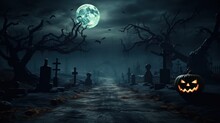 Graveyard Cemetery In Spooky Scary Dark Night Full Moon And Dead Trees. Holiday Event Halloween Banner Background.