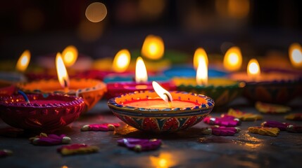 Wall Mural - burning traditional diya lamps lit during Diwali celebrations. Festival of Lights. victory of good over evil.