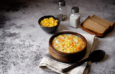 Wall Mural - Fresh hot corn white bean potato soup in a bowl