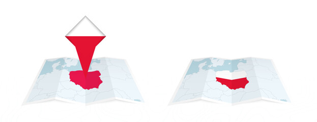 Two versions of an Poland folded map, one with a pinned country flag and one with a flag in the map contour. Template for both print and online design.