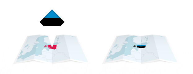 Wall Mural - Two versions of an Estonia folded map, one with a pinned country flag and one with a flag in the map contour. Template for both print and online design.