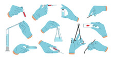 A Set Of Illustrations Of Medical Manipulations, Tests. Hands In Medical Gloves, Medical Instruments, Test Tubes, Bottle, Syringe, Flask, Scalpel, Tweezers, Injections. Vector Illustration.
