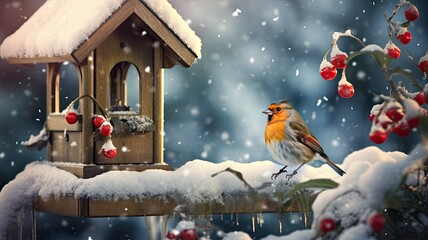 a charming little garden bird perched at a bird feeder, surrounded by a snowy garden landscape. The scene conveys the resilience and beauty of nature in winter.