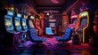 a retro video game arcade room, showcasing vintage arcade cabinets and neon-lit game room chairs for a nostalgic gaming arcade