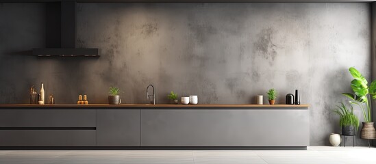 Minimalistic kitchen with white and dark grey walls, concrete floor, and grey countertops featuring a built-in sink and cooker.