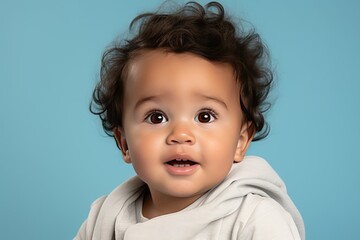 Wall Mural - Baby boy portrait in a blue background