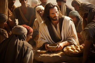 Wall Mural - Jesus Christ fed bread to the poor , bible religion, gospels, ancient scriptures history, Jesus hands giving bread to poor , biblical story to feed hungry, charity.