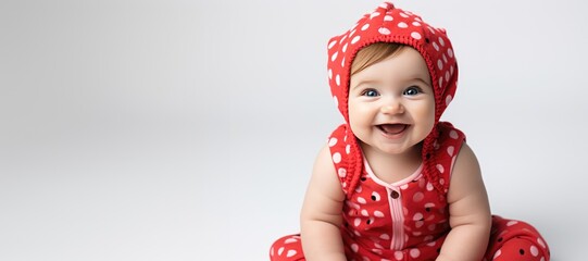 Wall Mural - Baby smiling and wearing a red outfit in a white background