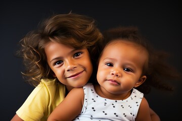 Wall Mural - Cute sisters of a family in a dark background