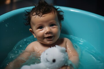 Wall Mural - Baby taking a bath and smiling in a bathtub