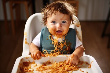 Wall Mural - Overhead view of a baby making a mess with his food. Spaghetti all over his face