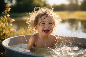 Wall Mural - Little girl taking a bath outdoors and playing